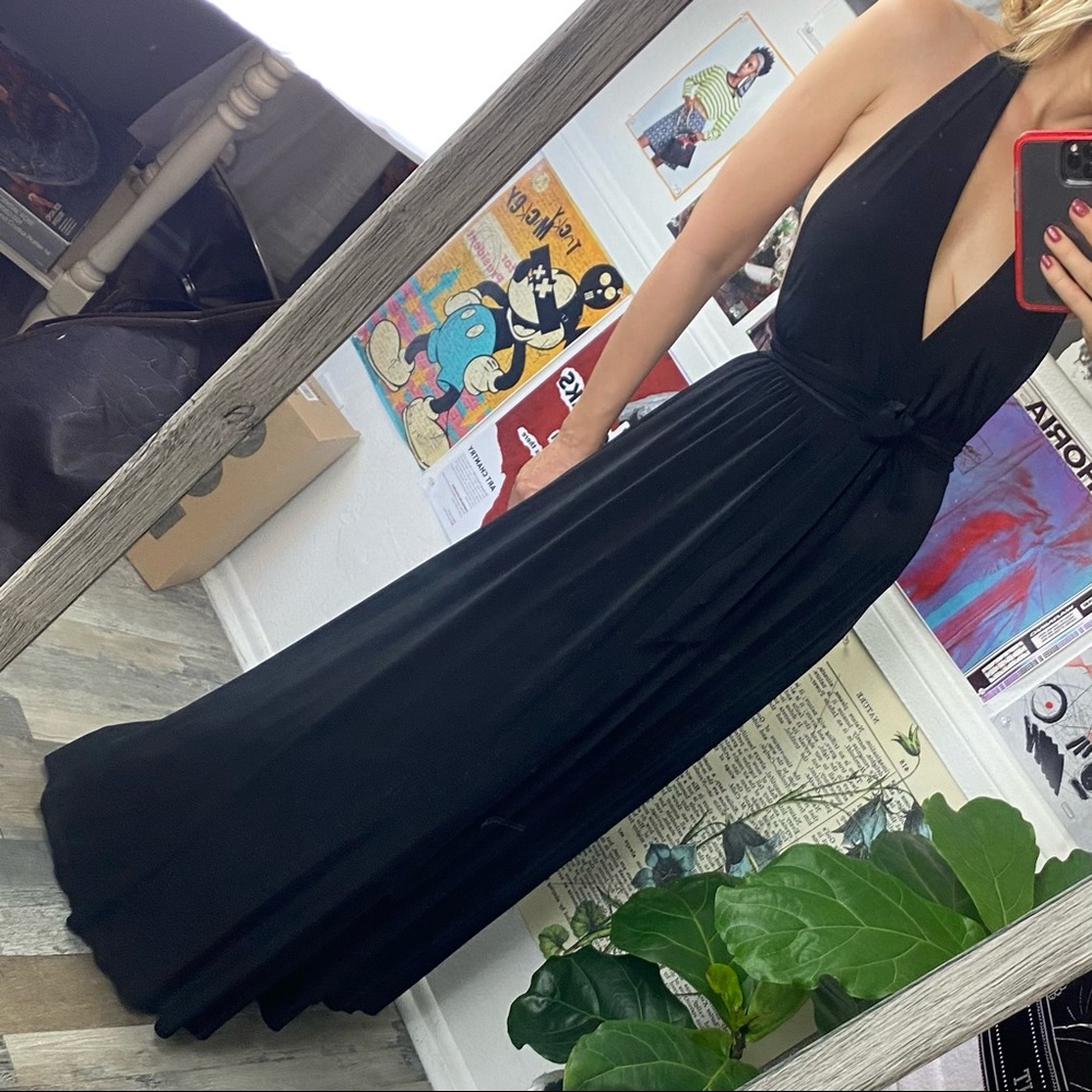 J Uptown Black maxi wrap dress Size XS A-skirt Open Back Deep V-neck